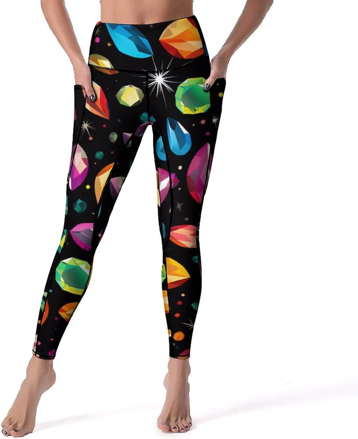 Colorful Gem Pattern Women's Yoga Pants Leggings with Pockets High Waist Compression Workout Pants