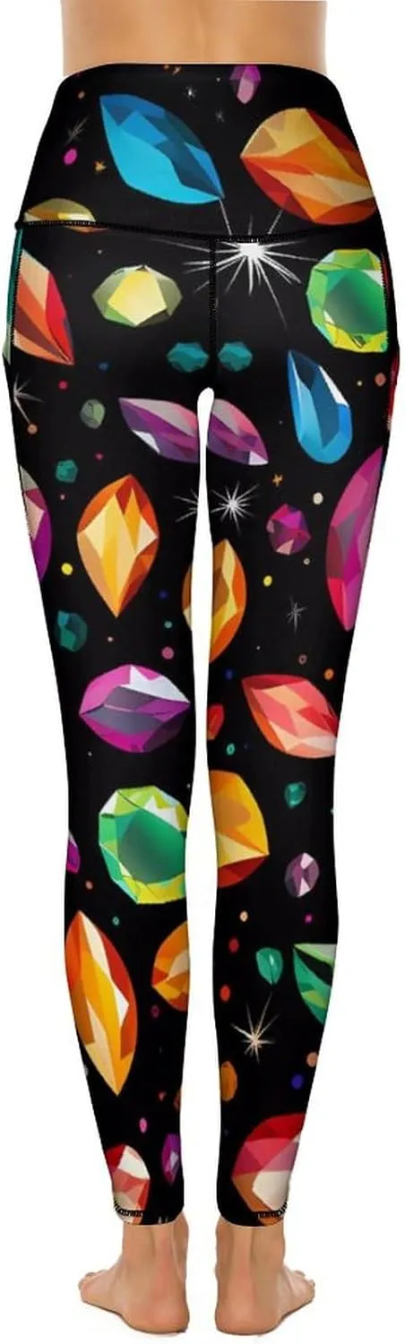 Colorful Gem Pattern Women's Yoga Pants Leggings with Pockets High Waist Compression Workout Pants