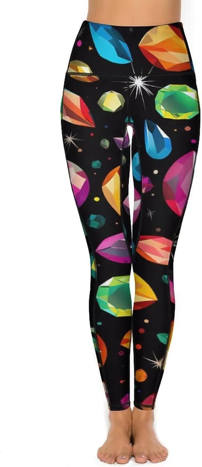 Colorful Gem Pattern Women's Yoga Pants Leggings with Pockets High Waist Compression Workout Pants