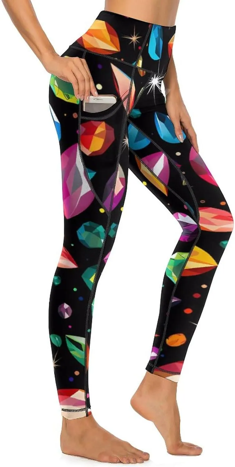 Colorful Gem Pattern Women's Yoga Pants Leggings with Pockets High Waist Compression Workout Pants