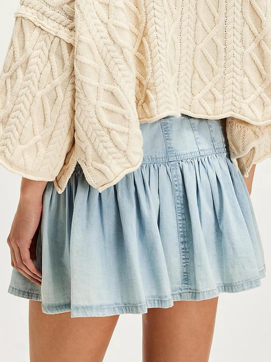 Conshvi Womens Denim Mini Skirt High Waisted Pleated Ruffle Denim Skirts 2025 Summer Slim fit Stretch Jean Short Skirt