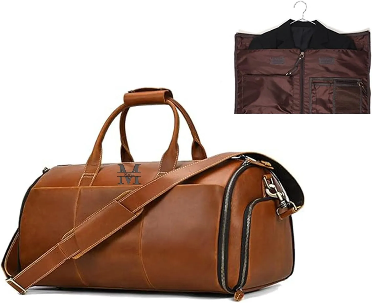 Convertible Garment Bag Genuine Leather with Shoes Compartment Customized Full Grain Leather Carry on Duffle Bag for Men Women Hanging Weekender Business Suitcase