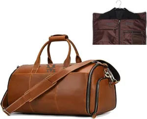 Convertible Garment Bag Genuine Leather with Shoes Compartment Customized Full Grain Leather Carry on Duffle Bag for Men Women Hanging Weekender Business Suitcase