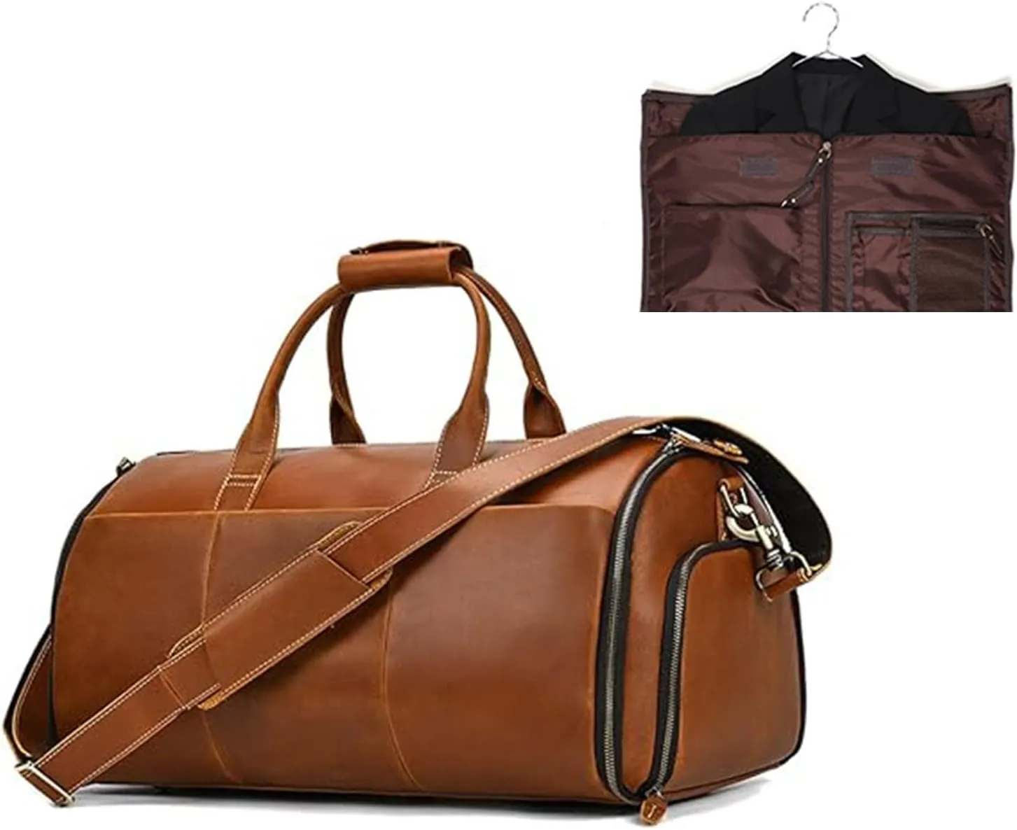 Convertible Garment Bag Genuine Leather with Shoes Compartment Full Grain Leather Carry on Duffle Bag for Men Women Hanging Weekender Business Suitcase for Travel Suit VintageBrown