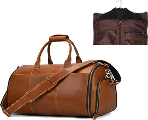 Convertible Garment Bag Genuine Leather with Shoes Compartment Full Grain Leather Carry on Duffle Bag for Men Women Hanging Weekender Business Suitcase for Travel Suit VintageBrown