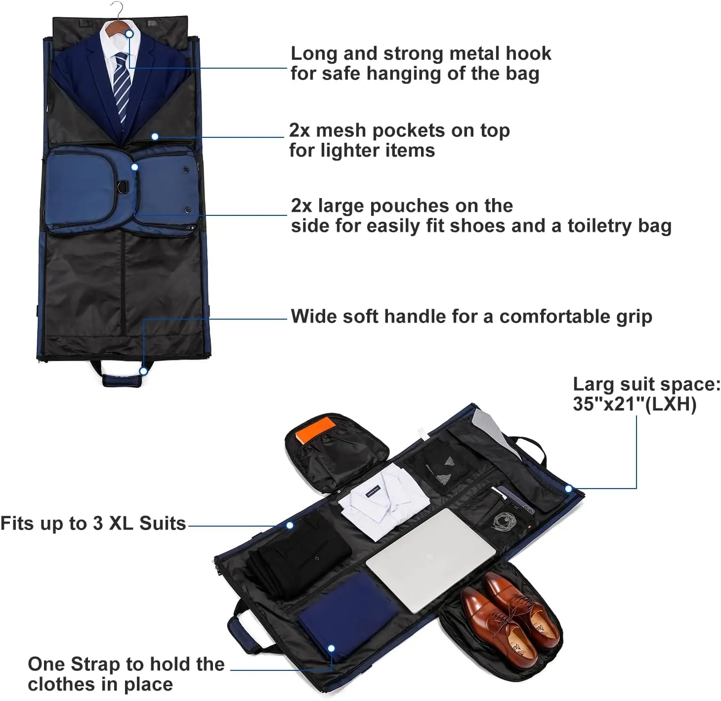 Convertible Garment Bags for Travel, Large Suit Bag Garment Duffle Bag with Shoulder Strap & Shoes Compartment, Carry On Garment Bag for Men Women-2 in 1 Hanging Suit Bags for Travel, Blue
