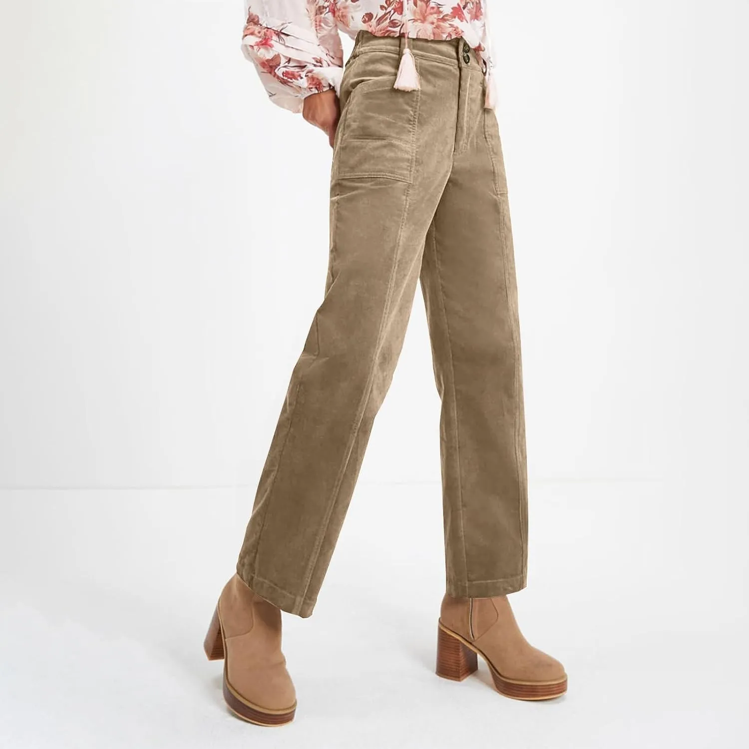 Corduroy Pants Women Elastic High Waisted Straight Leg Work Pants Business Casual Loose Trousers Pants with Pockets