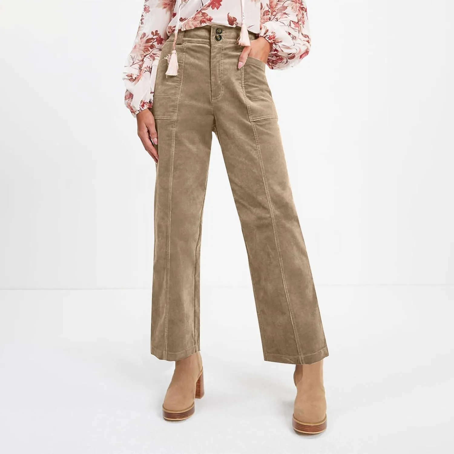 Corduroy Pants Women Elastic High Waisted Straight Leg Work Pants Business Casual Loose Trousers Pants with Pockets