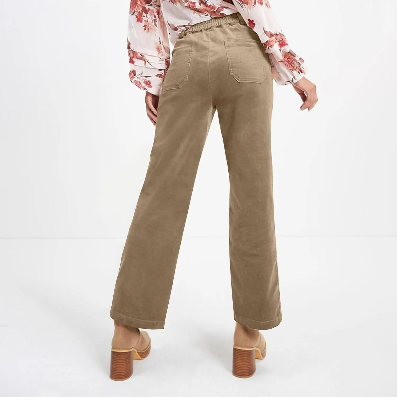 Corduroy Pants Women Elastic High Waisted Straight Leg Work Pants Business Casual Loose Trousers Pants with Pockets
