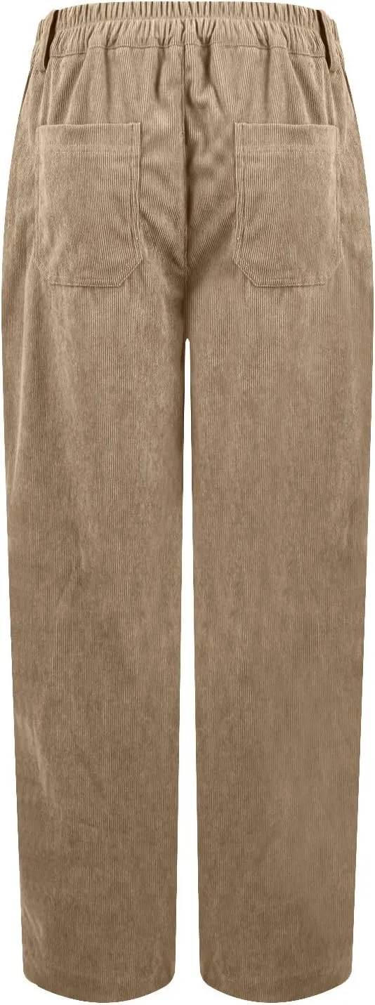 Corduroy Pants Women Elastic High Waisted Straight Leg Work Pants Business Casual Loose Trousers Pants with Pockets