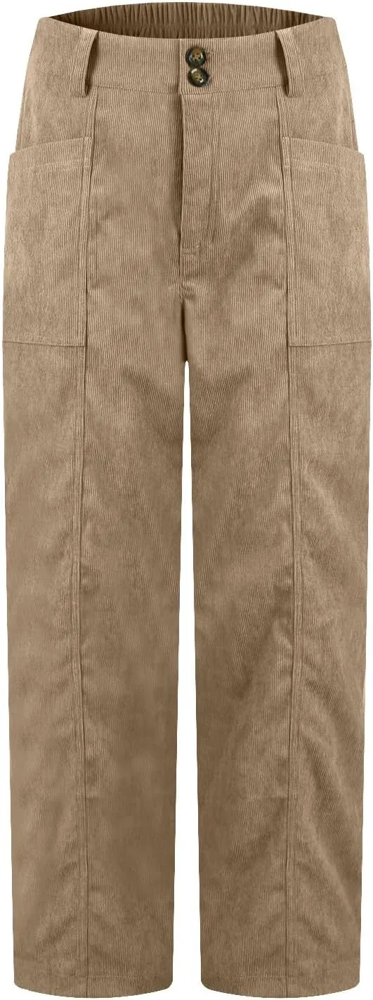 Corduroy Pants Women Elastic High Waisted Straight Leg Work Pants Business Casual Loose Trousers Pants with Pockets