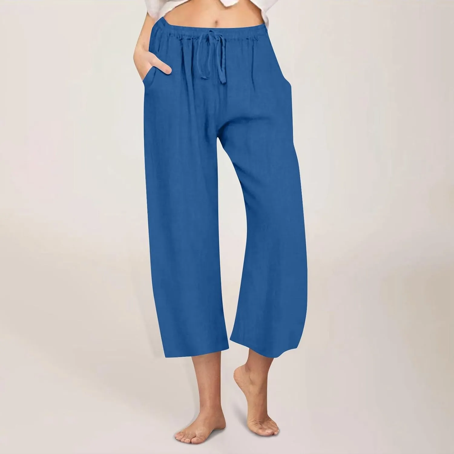 Cotton Linen Pants for Women Summer Lounge Drawstring Elastic Waist Trousers 2025 Casual Comfy Wide Leg Cropped Pants