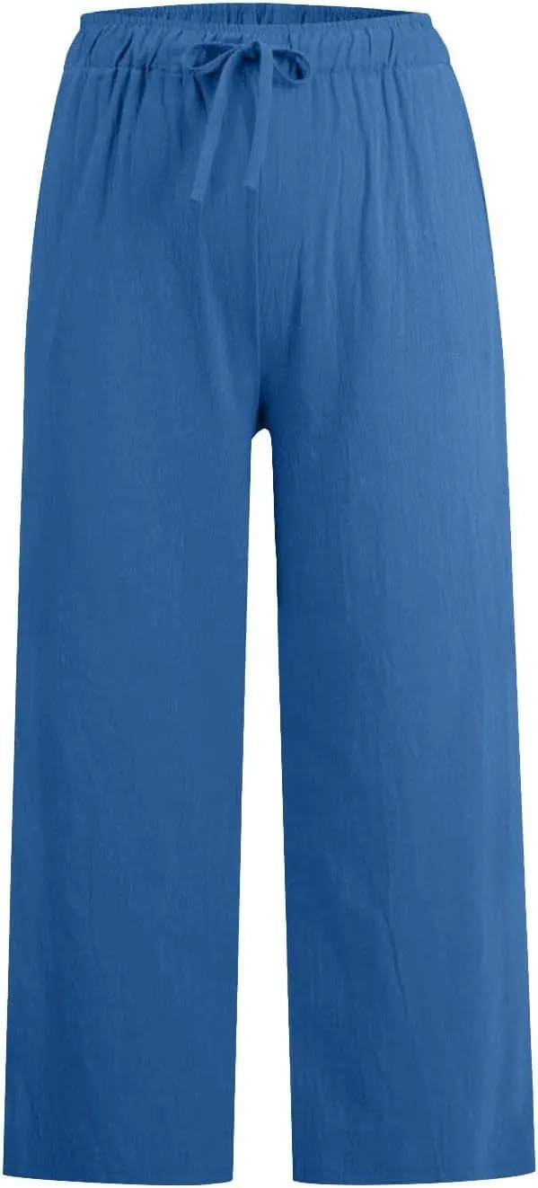 Cotton Linen Pants for Women Summer Lounge Drawstring Elastic Waist Trousers 2025 Casual Comfy Wide Leg Cropped Pants