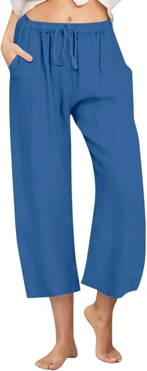 Cotton Linen Pants for Women Summer Lounge Drawstring Elastic Waist Trousers 2025 Casual Comfy Wide Leg Cropped Pants