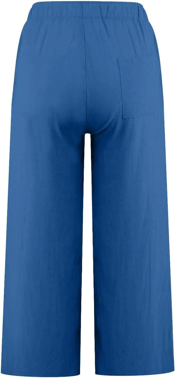 Cotton Linen Pants for Women Summer Lounge Drawstring Elastic Waist Trousers 2025 Casual Comfy Wide Leg Cropped Pants
