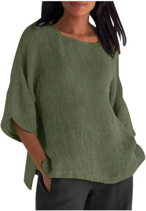 Cotton Linen Shirts for Womens Plus Size 3/4 Sleeve Tops Casual Loose Crewneck Tees Beach Summer Blouse