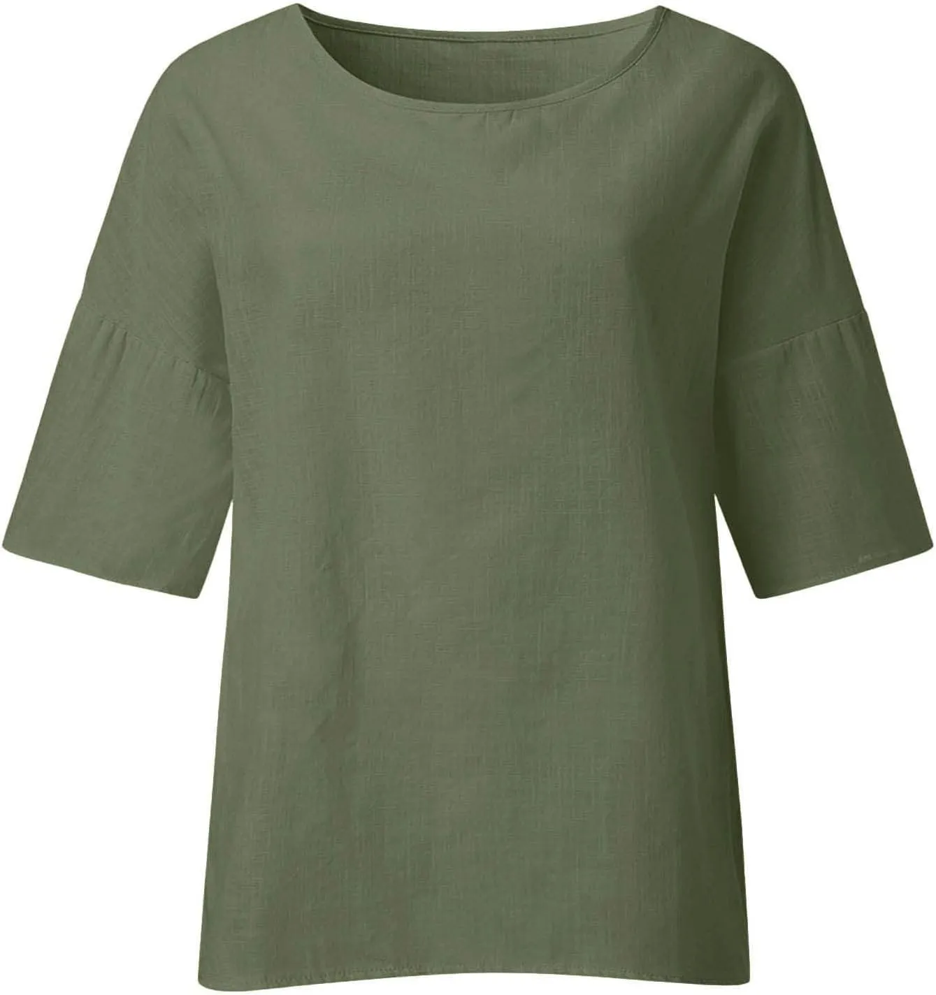 Cotton Linen Shirts for Womens Plus Size 3/4 Sleeve Tops Casual Loose Crewneck Tees Beach Summer Blouse