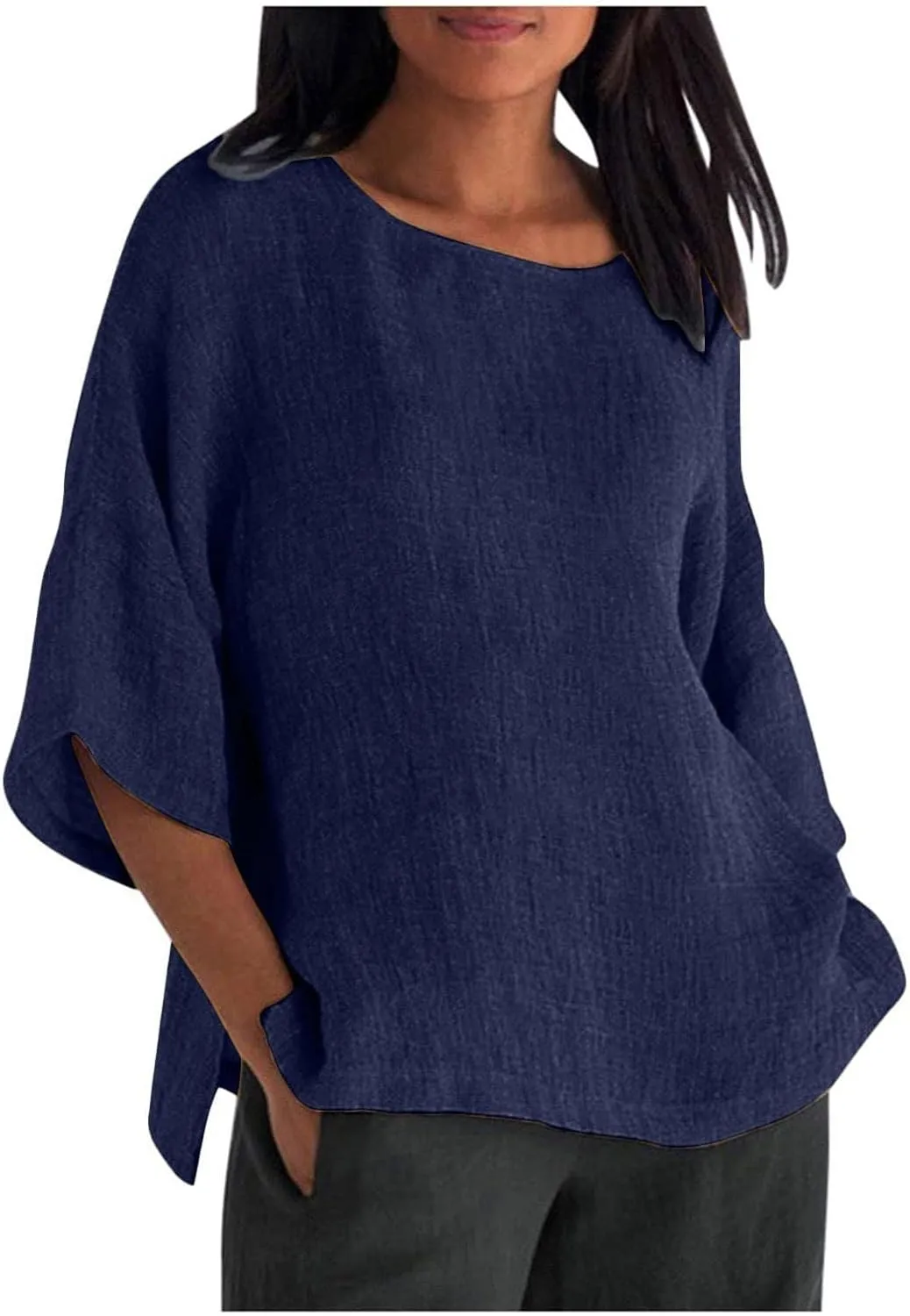 Cotton Linen Shirts for Womens Plus Size 3/4 Sleeve Tops Casual Loose Crewneck Tees Beach Summer Blouse