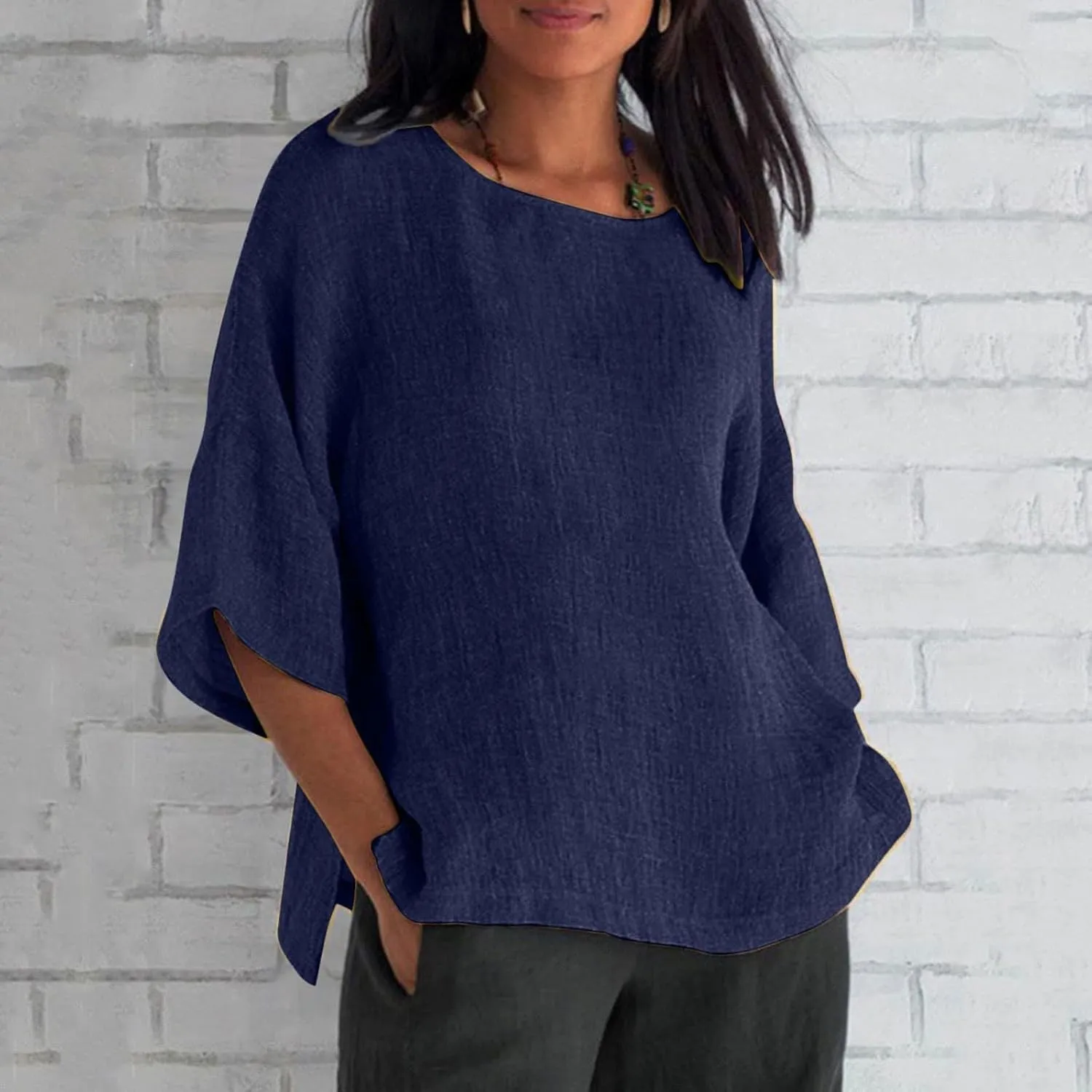Cotton Linen Shirts for Womens Plus Size 3/4 Sleeve Tops Casual Loose Crewneck Tees Beach Summer Blouse
