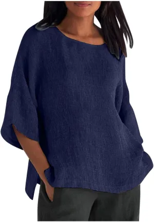 Cotton Linen Shirts for Womens Plus Size 3/4 Sleeve Tops Casual Loose Crewneck Tees Beach Summer Blouse