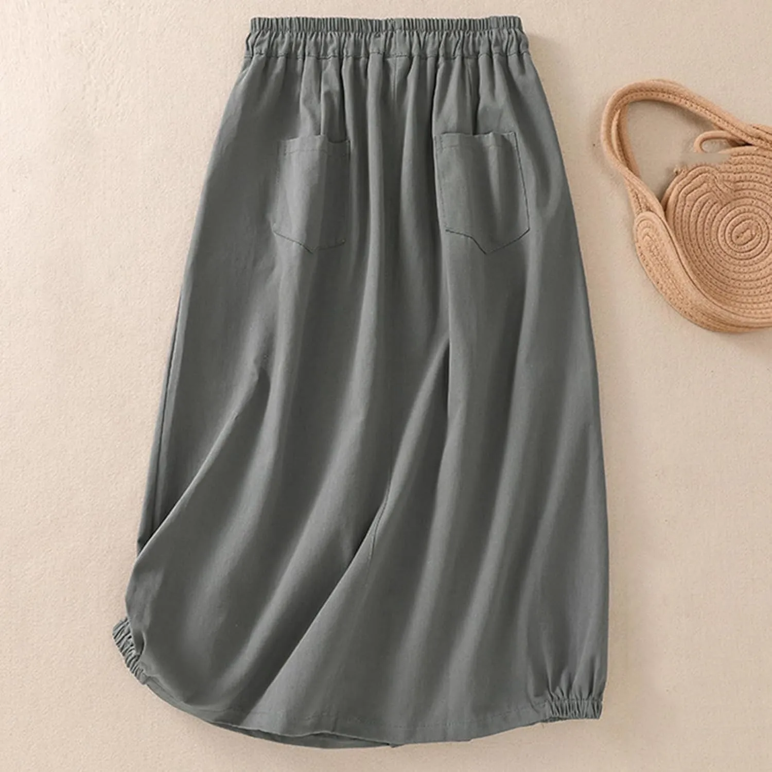 Cotton Linen Skirts for Women Casual Teacher Work A Line Flowy Skirt Drawstring High Waist Midi Skirt with Pockets