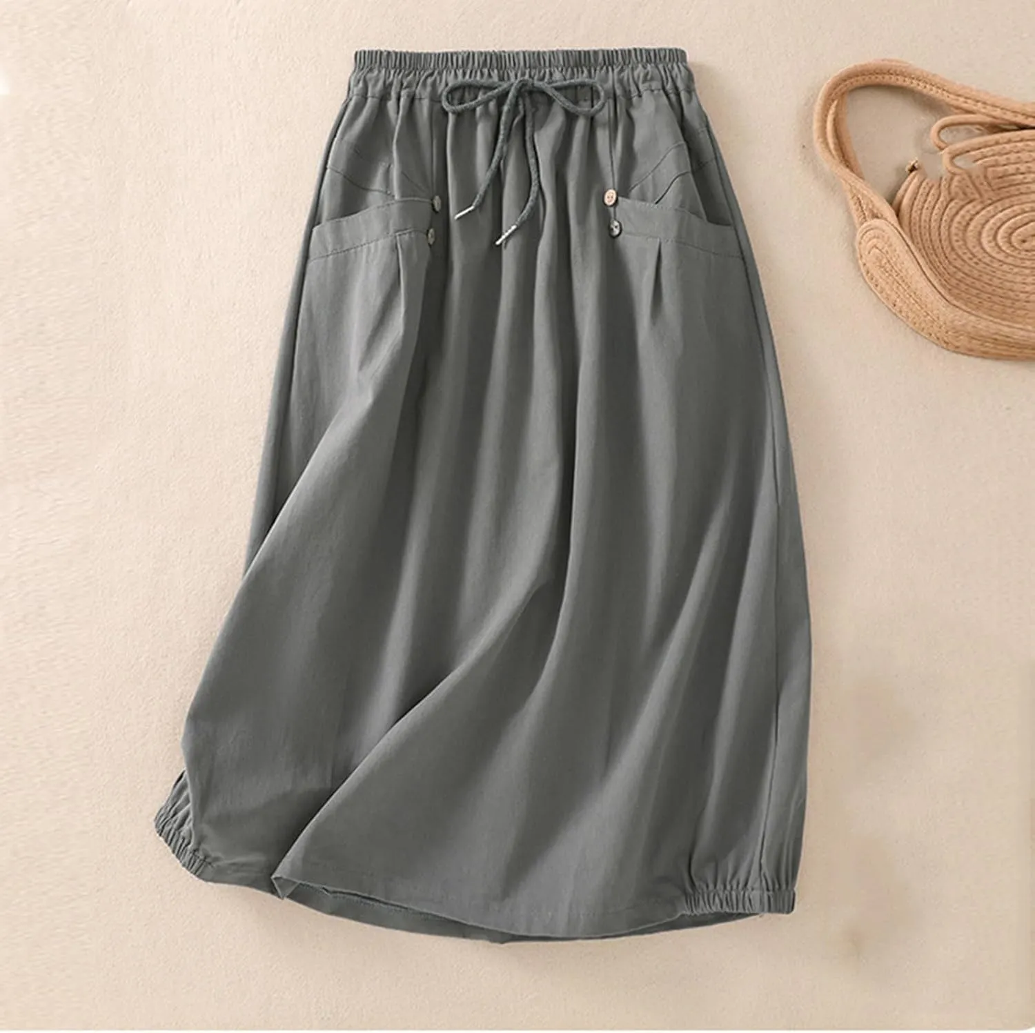 Cotton Linen Skirts for Women Casual Teacher Work A Line Flowy Skirt Drawstring High Waist Midi Skirt with Pockets
