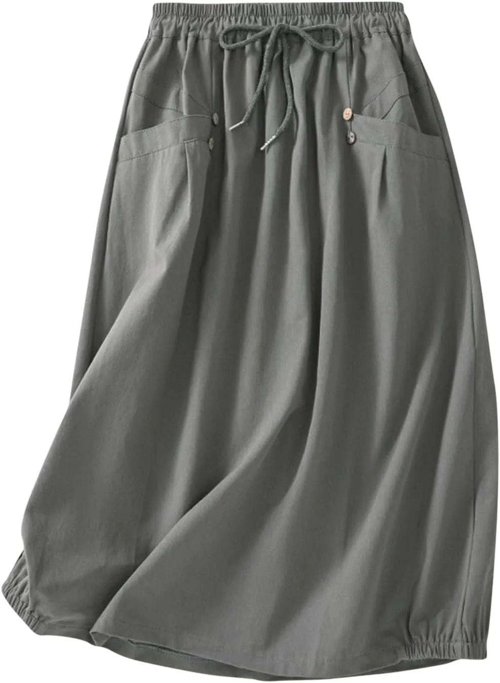 Cotton Linen Skirts for Women Casual Teacher Work A Line Flowy Skirt Drawstring High Waist Midi Skirt with Pockets