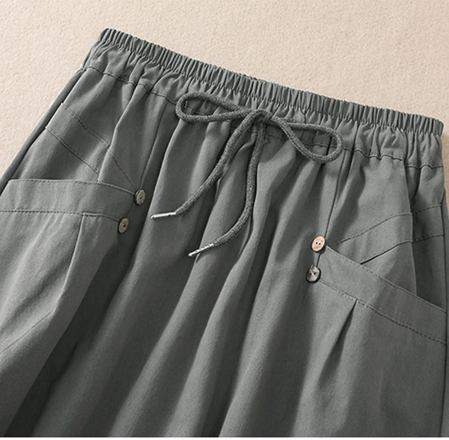 Cotton Linen Skirts for Women Casual Teacher Work A Line Flowy Skirt Drawstring High Waist Midi Skirt with Pockets