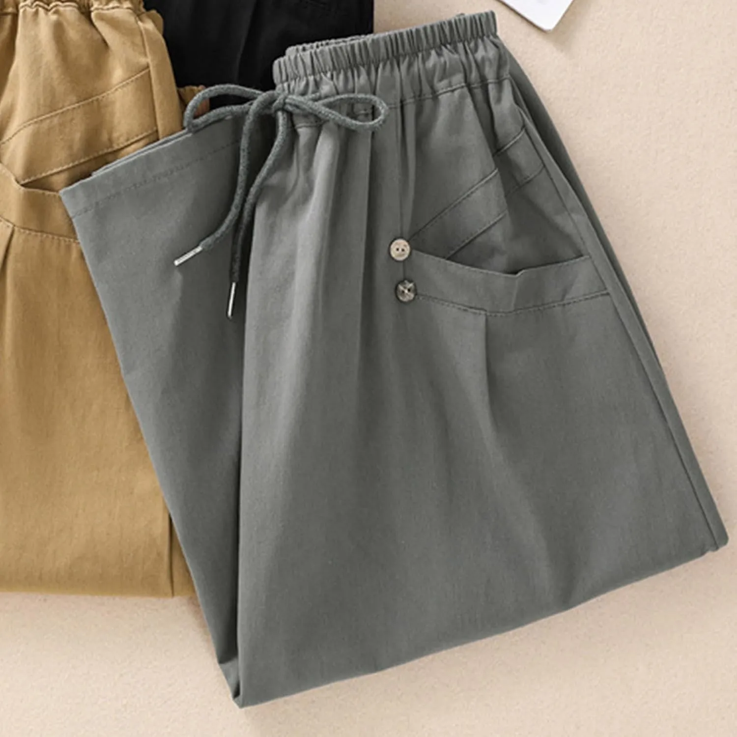 Cotton Linen Skirts for Women Casual Teacher Work A Line Flowy Skirt Drawstring High Waist Midi Skirt with Pockets