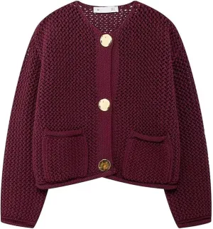 Cropped Cardigan Sweaters for Women Gold Button Down Cardigans Chunky Knit Jacket Open Front Outwear Coats