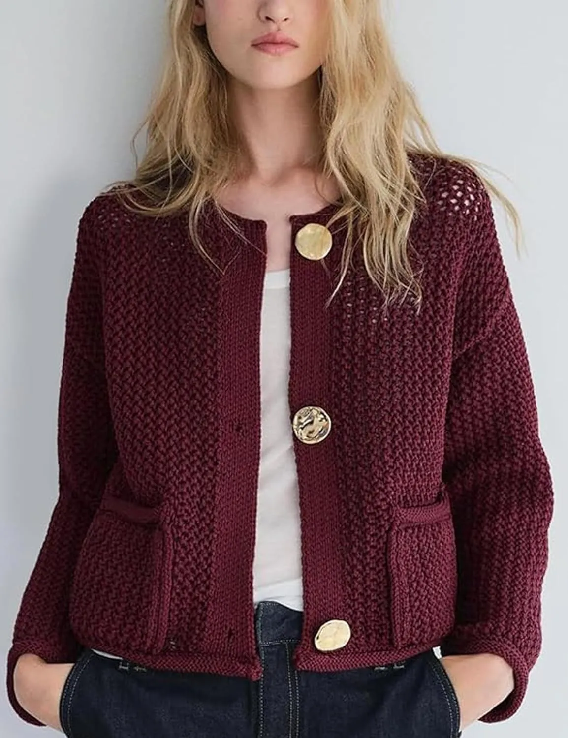 Cropped Cardigan Sweaters for Women Gold Button Down Cardigans Chunky Knit Jacket Open Front Outwear Coats