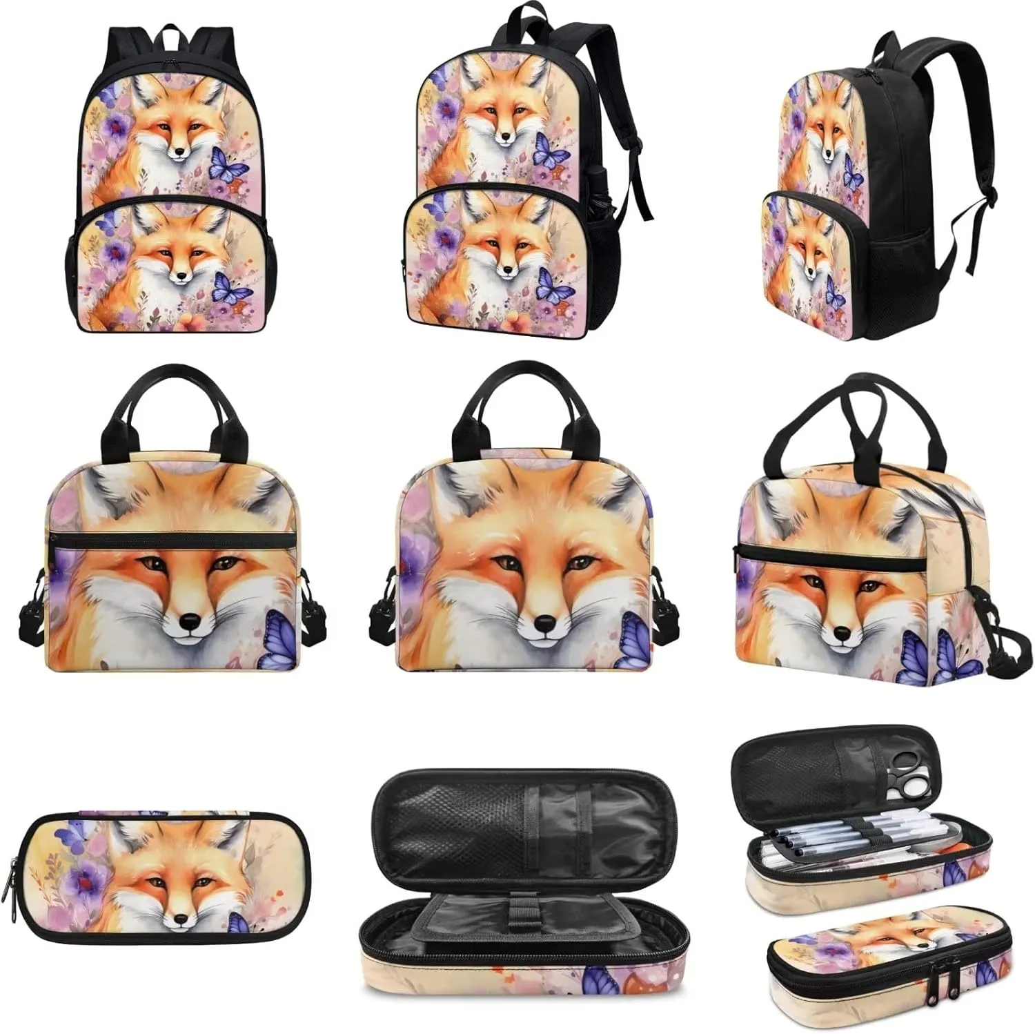 Cute Girls Backpack with Lunch Box Pencil Case Multi Pockets Large Beige Floral Butterfly Fox School Backpack and Lunch Bag Set for Girls Student Lightweight Basic Comfy Book Bag 17 Inch