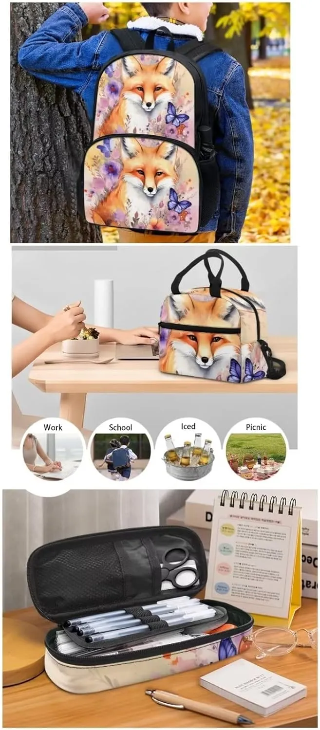 Cute Girls Backpack with Lunch Box Pencil Case Multi Pockets Large Beige Floral Butterfly Fox School Backpack and Lunch Bag Set for Girls Student Lightweight Basic Comfy Book Bag 17 Inch