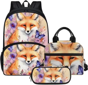 Cute Girls Backpack with Lunch Box Pencil Case Multi Pockets Large Beige Floral Butterfly Fox School Backpack and Lunch Bag Set for Girls Student Lightweight Basic Comfy Book Bag 17 Inch