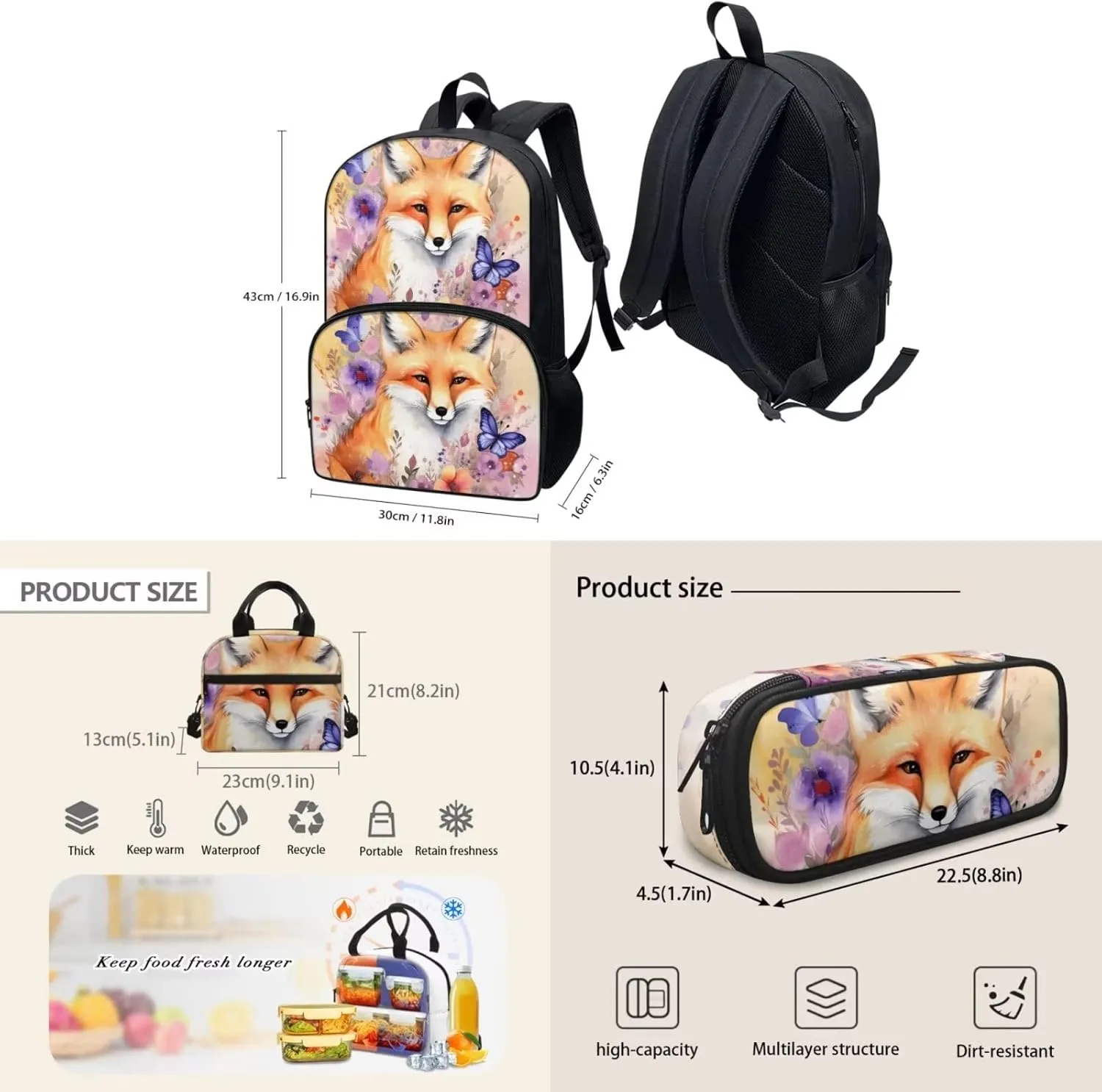Cute Girls Backpack with Lunch Box Pencil Case Multi Pockets Large Beige Floral Butterfly Fox School Backpack and Lunch Bag Set for Girls Student Lightweight Basic Comfy Book Bag 17 Inch