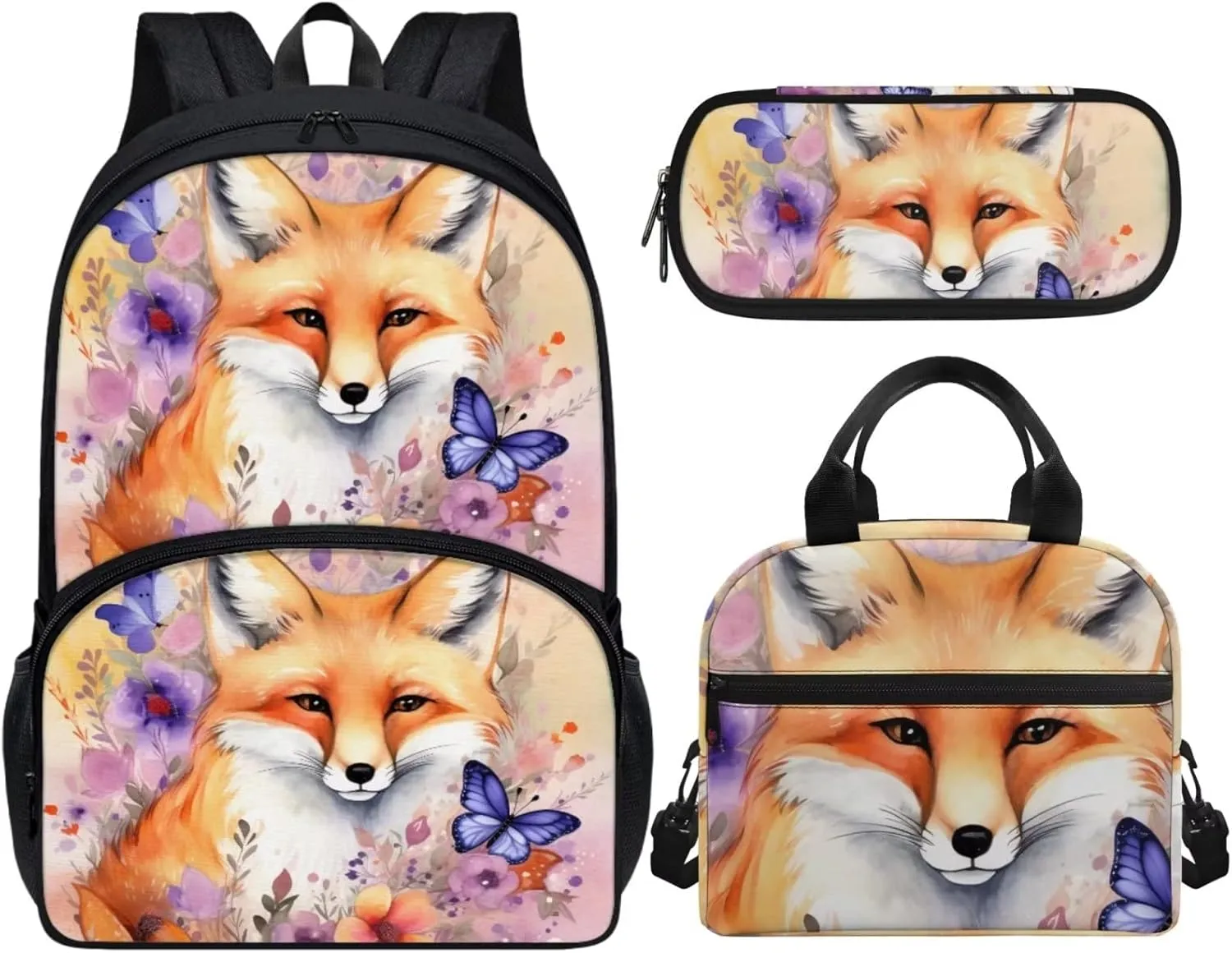 Cute Girls Backpack with Lunch Box Pencil Case Multi Pockets Large Beige Floral Butterfly Fox School Backpack and Lunch Bag Set for Girls Student Lightweight Basic Comfy Book Bag 17 Inch