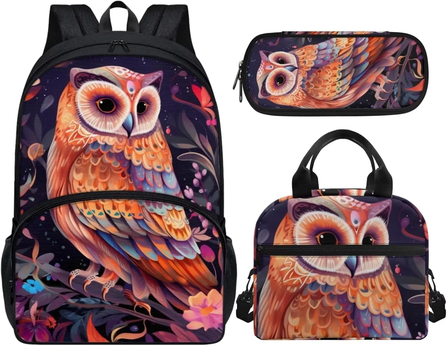 Cute Girls Backpack with Lunch Box Pencil Case Multi Pockets Large Black Floral Owl School Backpack and Lunch Bag Set for Girls Student Lightweight Basic Comfy Book Bag 17 Inch