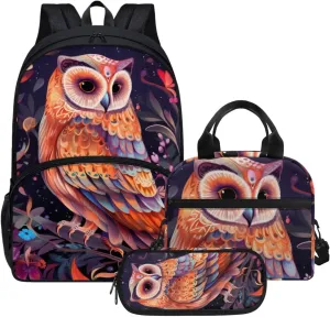 Cute Girls Backpack with Lunch Box Pencil Case Multi Pockets Large Black Floral Owl School Backpack and Lunch Bag Set for Girls Student Lightweight Basic Comfy Book Bag 17 Inch