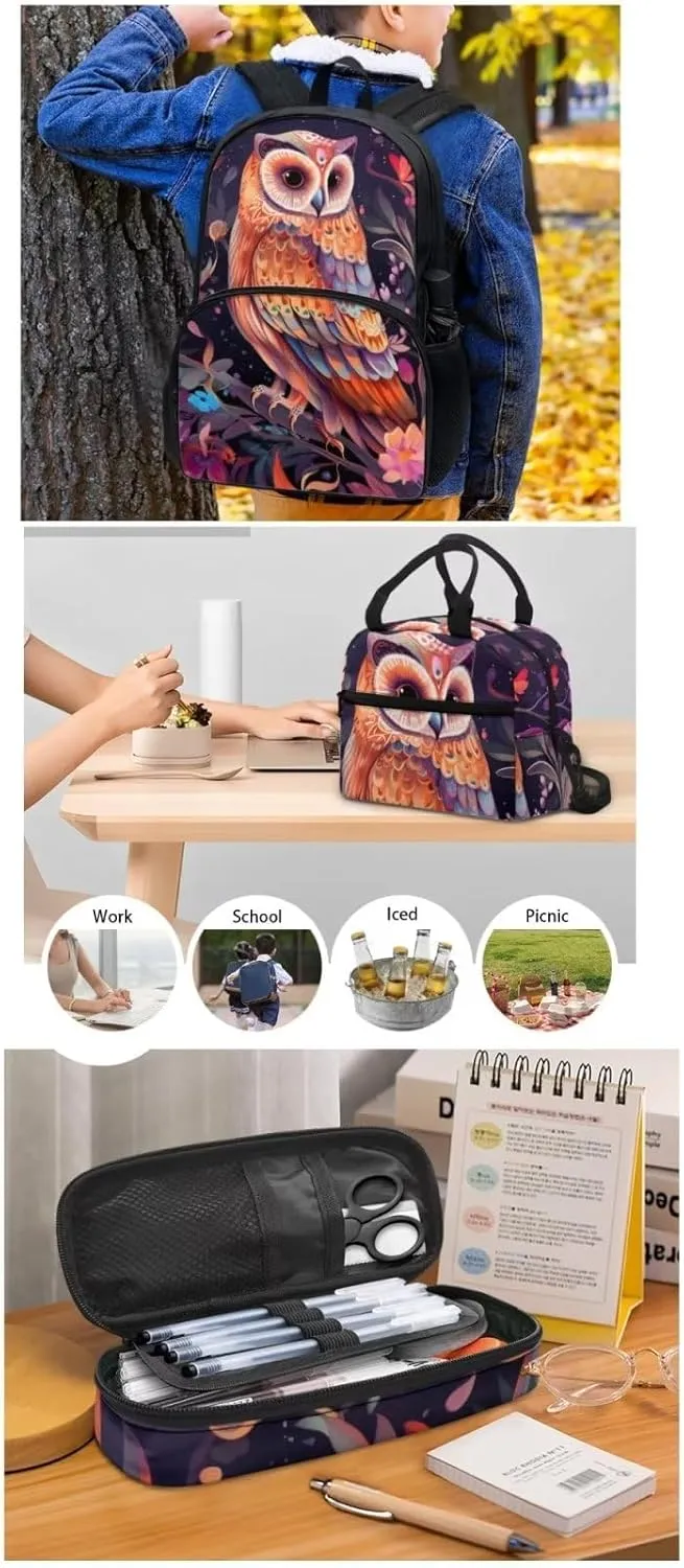 Cute Girls Backpack with Lunch Box Pencil Case Multi Pockets Large Black Floral Owl School Backpack and Lunch Bag Set for Girls Student Lightweight Basic Comfy Book Bag 17 Inch