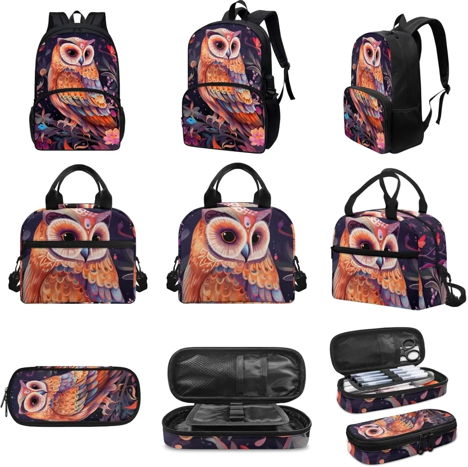 Cute Girls Backpack with Lunch Box Pencil Case Multi Pockets Large Black Floral Owl School Backpack and Lunch Bag Set for Girls Student Lightweight Basic Comfy Book Bag 17 Inch