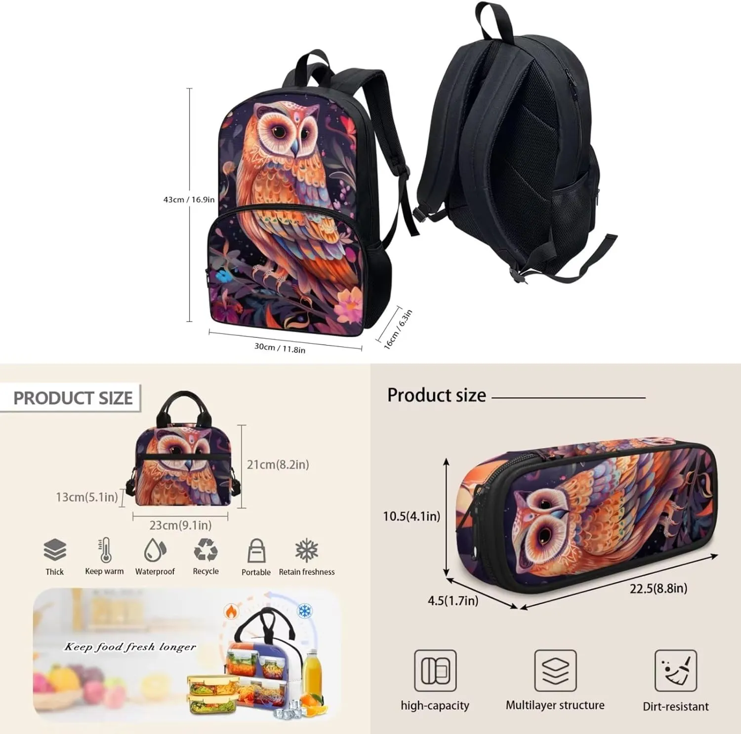 Cute Girls Backpack with Lunch Box Pencil Case Multi Pockets Large Black Floral Owl School Backpack and Lunch Bag Set for Girls Student Lightweight Basic Comfy Book Bag 17 Inch