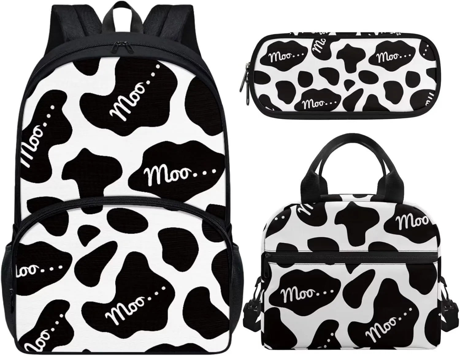 Cute Girls Backpack with Lunch Box Pencil Case Multi Pockets Large Black Funny Cow School Backpack and Lunch Bag Set for Girls Student Lightweight Basic Comfy Book Bag 17 Inch