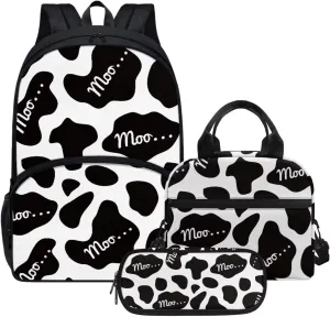 Cute Girls Backpack with Lunch Box Pencil Case Multi Pockets Large Black Funny Cow School Backpack and Lunch Bag Set for Girls Student Lightweight Basic Comfy Book Bag 17 Inch