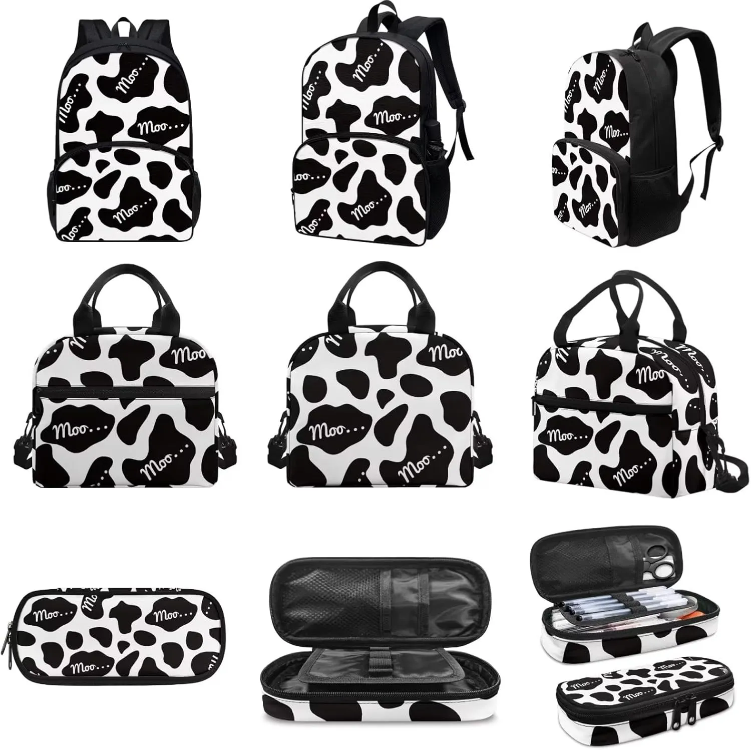 Cute Girls Backpack with Lunch Box Pencil Case Multi Pockets Large Black Funny Cow School Backpack and Lunch Bag Set for Girls Student Lightweight Basic Comfy Book Bag 17 Inch