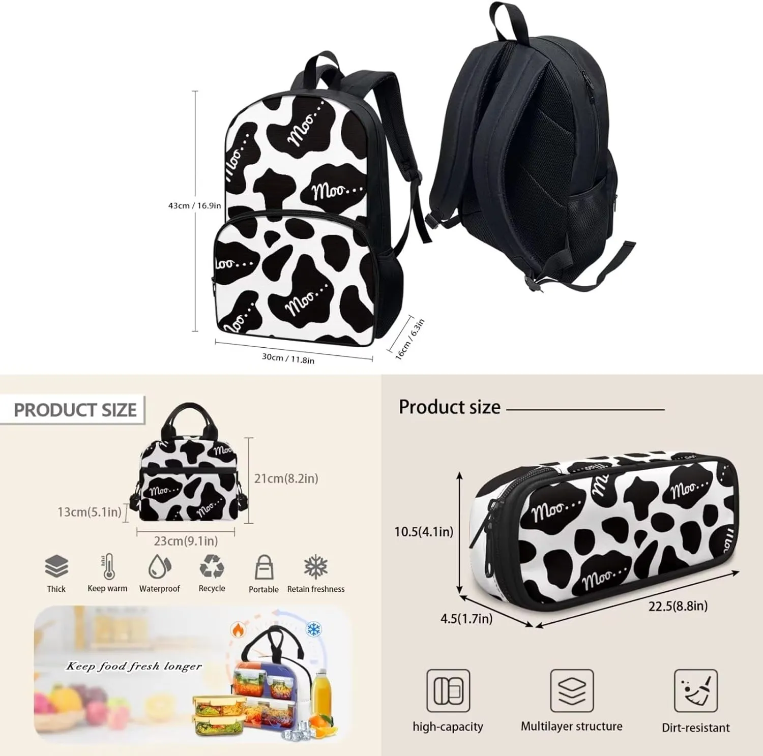 Cute Girls Backpack with Lunch Box Pencil Case Multi Pockets Large Black Funny Cow School Backpack and Lunch Bag Set for Girls Student Lightweight Basic Comfy Book Bag 17 Inch