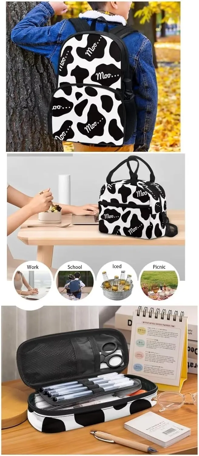 Cute Girls Backpack with Lunch Box Pencil Case Multi Pockets Large Black Funny Cow School Backpack and Lunch Bag Set for Girls Student Lightweight Basic Comfy Book Bag 17 Inch