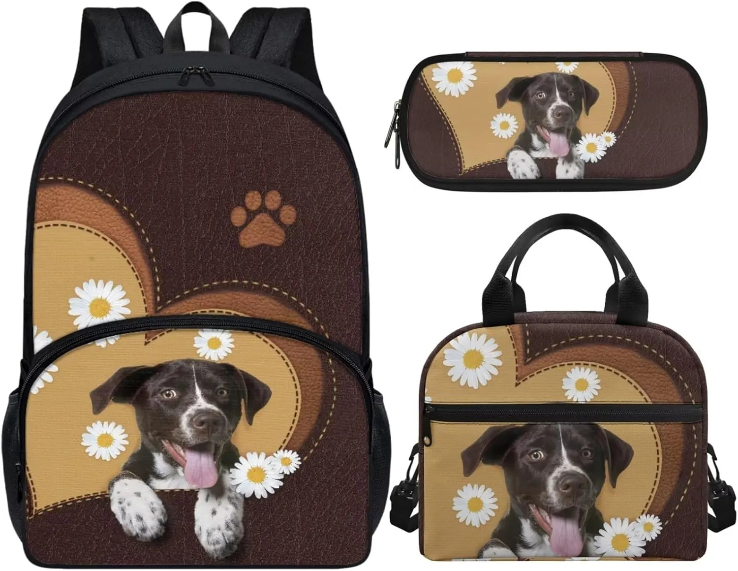 Cute Girls Backpack with Lunch Box Pencil Case Multi Pockets Large Floral Dog Print Brown School Backpack and Lunch Bag Set for Girls Student Lightweight Basic Comfy Book Bag 17 Inch