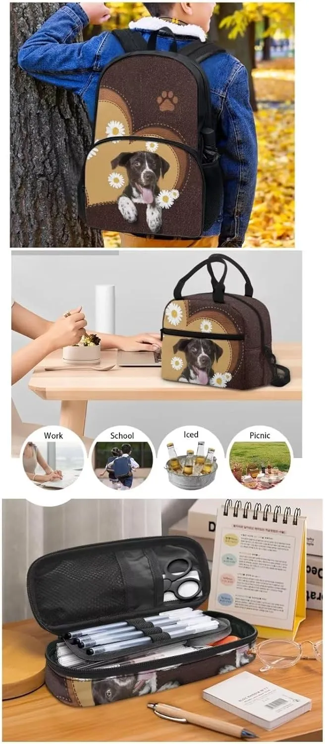 Cute Girls Backpack with Lunch Box Pencil Case Multi Pockets Large Floral Dog Print Brown School Backpack and Lunch Bag Set for Girls Student Lightweight Basic Comfy Book Bag 17 Inch
