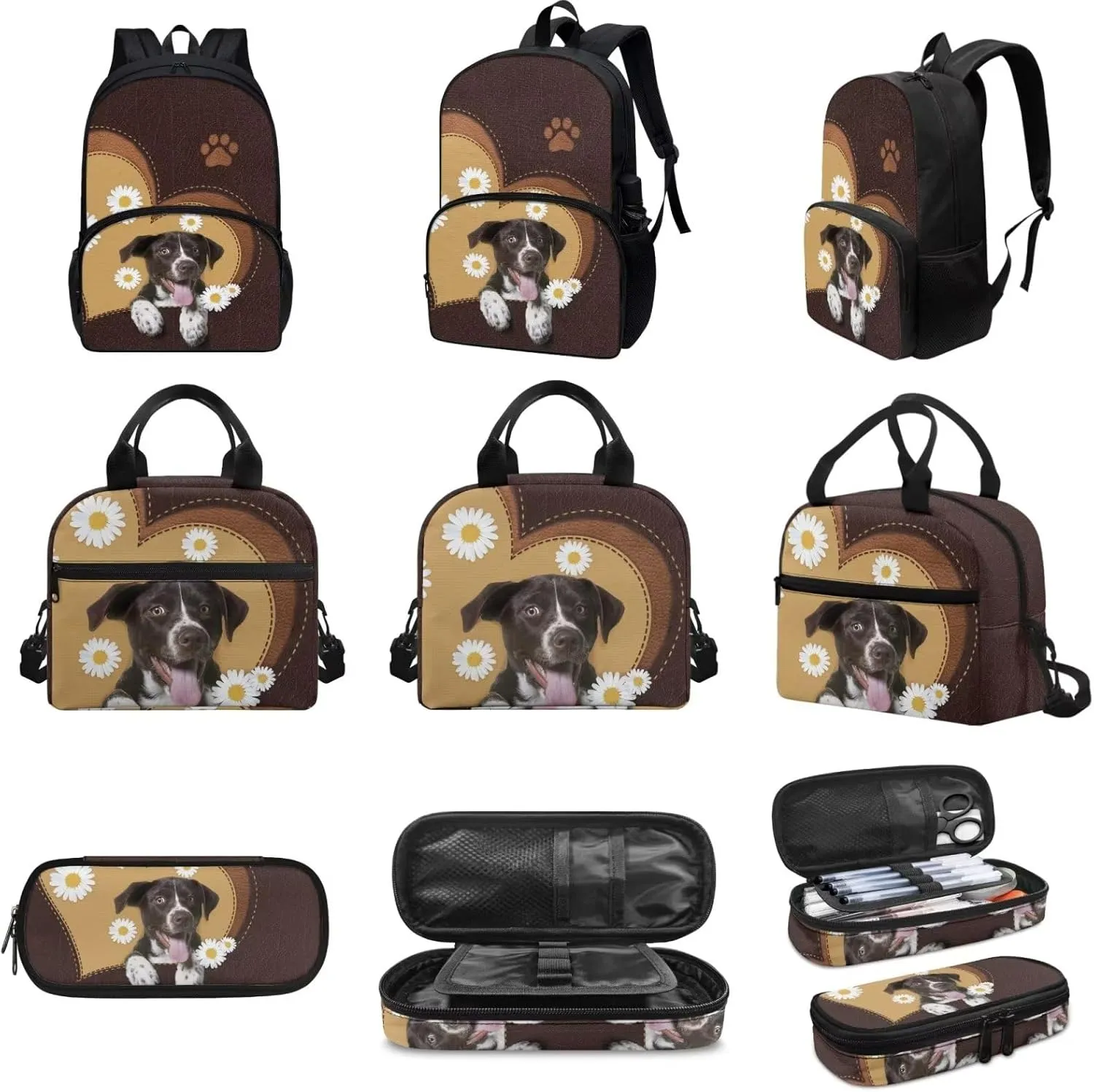 Cute Girls Backpack with Lunch Box Pencil Case Multi Pockets Large Floral Dog Print Brown School Backpack and Lunch Bag Set for Girls Student Lightweight Basic Comfy Book Bag 17 Inch