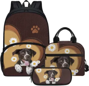 Cute Girls Backpack with Lunch Box Pencil Case Multi Pockets Large Floral Dog Print Brown School Backpack and Lunch Bag Set for Girls Student Lightweight Basic Comfy Book Bag 17 Inch